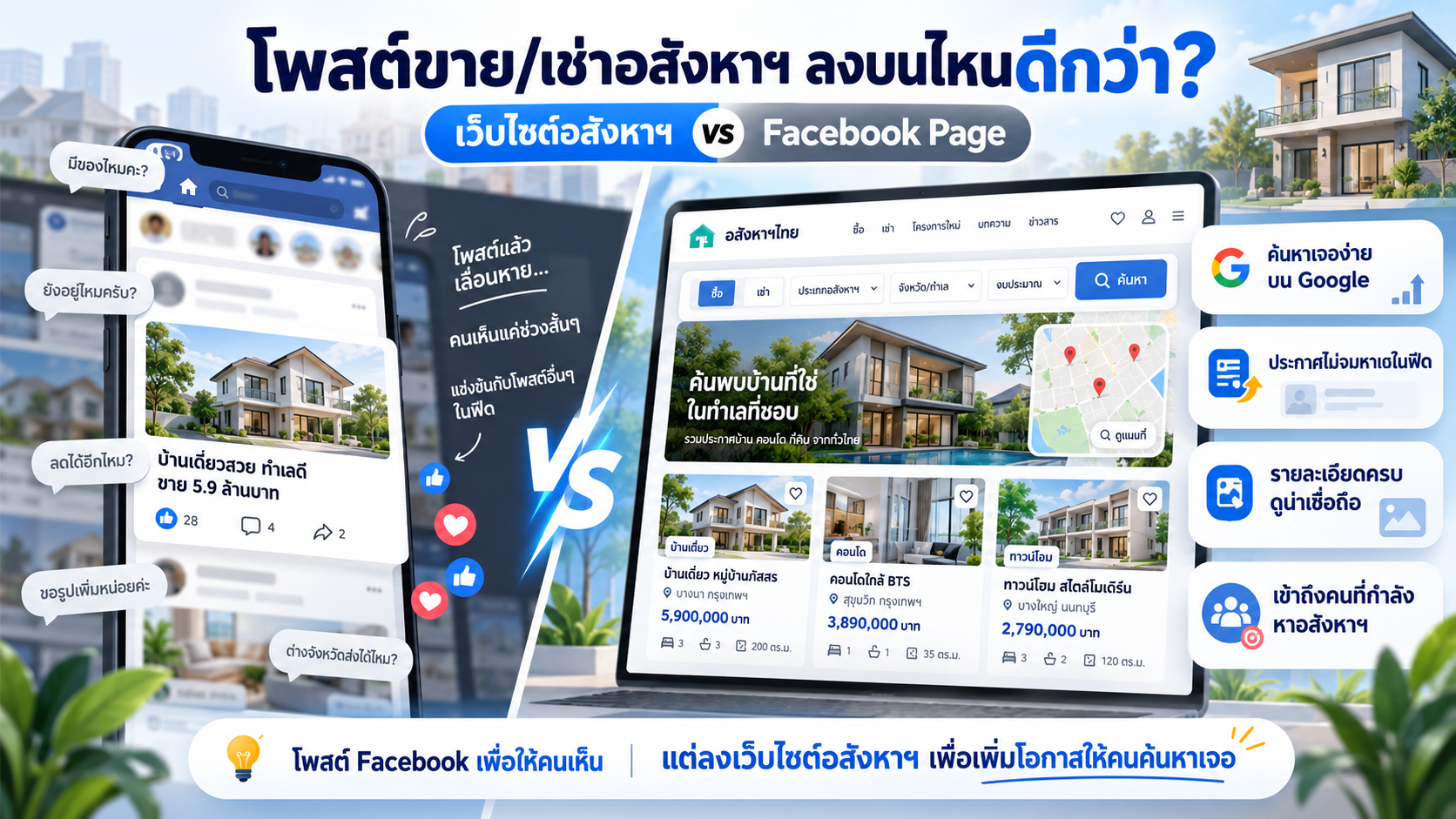ขายบ้าน ปล่อยเช่าคอนโด ลงประกาศที่ไหนดี? เว็บไซต์อสังหาฯ หรือเพจ Facebook